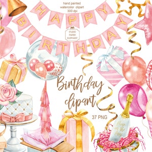 Clipart de cumpleaños de acuarela, fiesta de cumpleaños, cumpleaños de niña, saludo de feliz cumpleaños, invitación de cumpleaños, descarga instantánea, PNG.