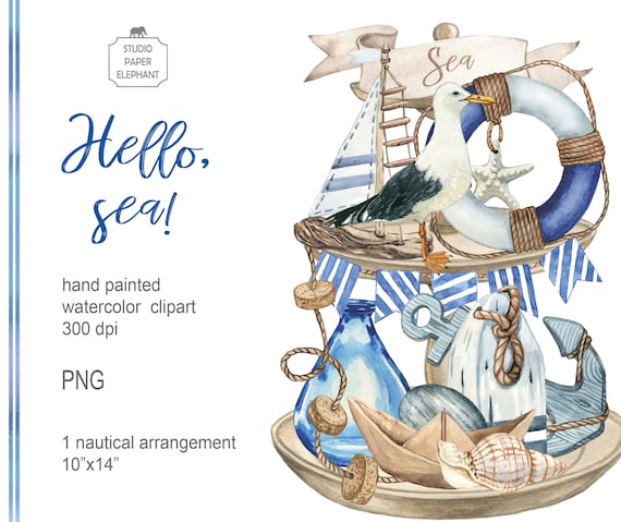 Watercolor Nautical Clipart: Tiered Tray Marine Decor (PNG, Instant Download)