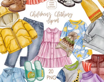 Watercolor Children's Clothing Clip Art Set, Kids Clothes Clipart, digital download (PNG)