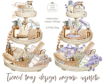 Tiered tray design, Watercolor Spa clipart, Natural cosmetic, Selfcare, Beauty, Body care, instant digital download,