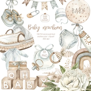 Clipart de bebé recién nacido en acuarela Felicitaciones por el nacimiento de un bebé clipart Accesorios y ropa de bebé clipart PNG