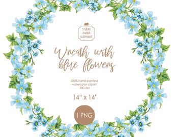 Blue Floral Wreath Clipart: Watercolor Forget-Me-Nots (PNG Digital Download)