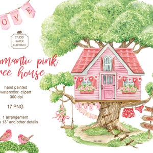Romantique rose Treehouse Clipart, Clipart Saint Valentin, Clipart de voeux de mariage, PNG, téléchargement immédiat.