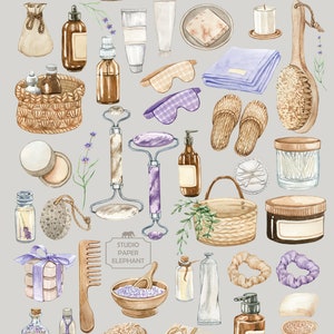 May include: A watercolour illustration of a spa and bath set with lavender and natural elements. The set includes bath bombs, soaps, bath salts, a wooden comb, a wooden brush, a face roller, a face mask, a bottle of essential oil, a jar of cream, a basket, a towel, and slippers.