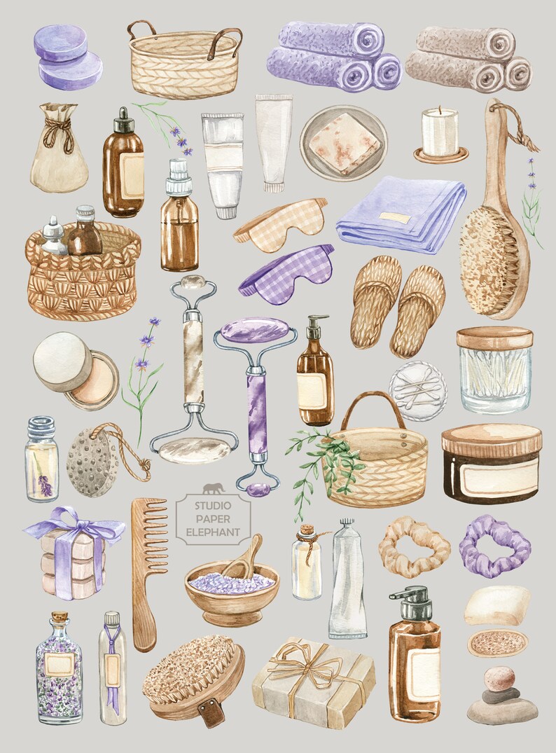 May include: A watercolour illustration of a spa and bath set with lavender and natural elements. The set includes bath bombs, soaps, bath salts, a wooden comb, a wooden brush, a face roller, a face mask, a bottle of essential oil, a jar of cream, a basket, a towel, and slippers.