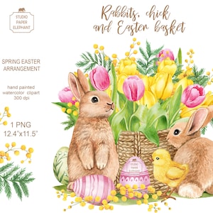 Watercolor rabbits, chick and an Easter basket with tulips, Easter clipart, Spring clipart, Easter arrangement, PNG, instant download.