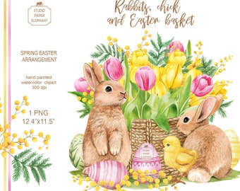 Watercolor Easter Clipart: Rabbits, Chick, Tulips (PNG, Instant Download)