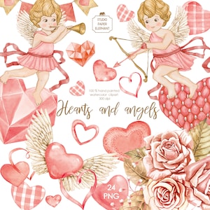 Aquarell Herzen und Engel Valentinstag Clip art Valentinstag Clipart Valentinstag Postkarte DIY Scrapbooking PNG sofortiger download