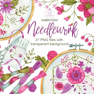 May include: Watercolour illustration of embroidery hoops with floral designs, thread spools, scissors, and a needle minder. The text "watercolor Needlework 31 PNG files with transparent background" is also included.