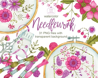 May include: Watercolor illustration of embroidery hoops with floral designs, thread spools, scissors, and a needle minder. The text "watercolor Needlework 31 PNG files with transparent background" is also included.