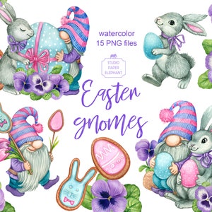 Aquarelle Gnomes de Pâques, Lapin de Pâques, Oeufs de Pâques, Spring Gnome Clipart, Téléchargement instantané, Scandinavian Gnomes Clipart, PNG.