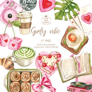 Clipart de ambiente femenino de acuarela Scrapbooking para niñas Pegatinas para niñas PNG descarga instantánea
