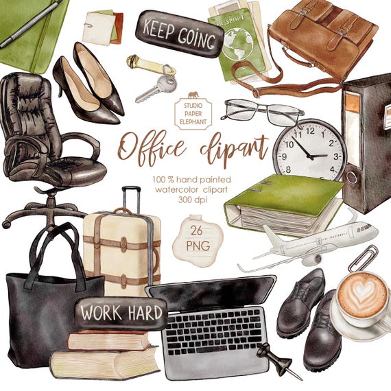 Watercolor Office Clipart: Business Trip, Supplies (PNG, Instant Download)