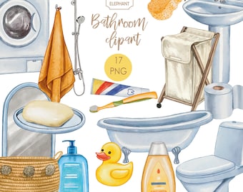 Elementos de baño en acuarela: imágenes prediseñadas, ilustraciones de baño, descarga digital (PNG)
