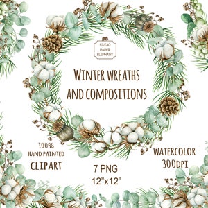 Winterkranz und Kompositionen, Weihnachtskranz, Winterhochzeit, Eukalyptus, Kiefernzweige, Сotton Blumen, PNG, direkter Download.