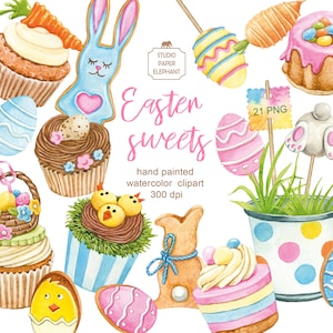 Clipart di dolci pasquali ad acquerello, cupcake pasquali, biscotti, lecca lecca, clipart di biscotti pasquali, PNG, download digitale immediato.