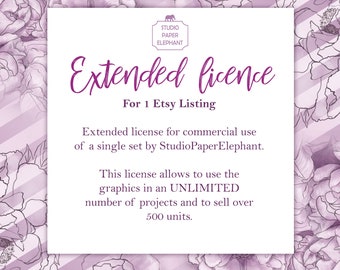 Extended license for one Etsy listing, Extended license for commercial use of one set of StudioPaperElephant clipart.