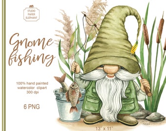 May include: A watercolor illustration of a gnome fishing. The gnome is wearing a green hat and a green vest. The gnome is holding a fishing rod and has a bucket of fish next to him. The gnome is standing in a pond with cattails and reeds.