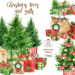 Aquarell Weihnachtsbäume und Geschenke Clipart, Weihnachts clipart, Weihnachtsgeschenke, Weihnachtsbäume, Weihnachtskarte, PNG, direkter Download.