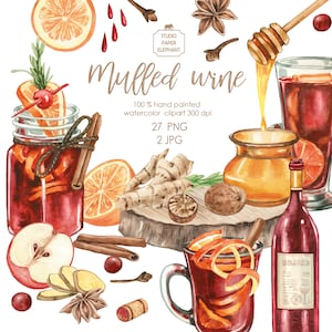 Akwarela Grzane wino clipart Napój świąteczny Ciepły napój Zimowe święta Czerwone wino PNG