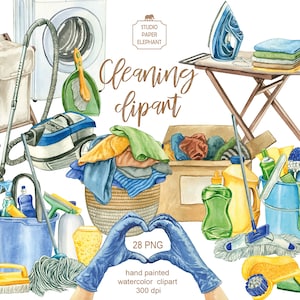 Cleaning clipart, Watercolor Cleaning supplies clipart, Decluttering, Ironing things, Laundry, House cleaning clipart, PNG.