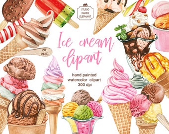 Ice cream watercolor clipart, Ice cream in a bowl, Hand drawn ice cream, Summer clipart, Popsicles, Chocolate ice cream, PNG.