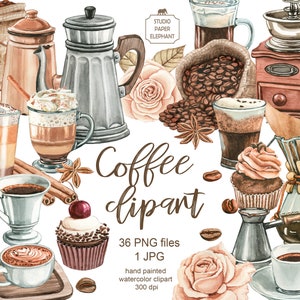 Imágenes prediseñadas de café en acuarela, imágenes prediseñadas de bebidas de café, cafeteras vintage, imágenes prediseñadas de molinillos de café, granos de café, taza de café, PNG.