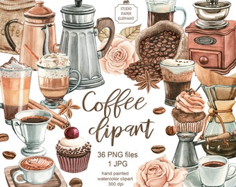 Watercolor Coffee Clipart: Vintage Pots, Beans, Drinks (PNG Digital Download)