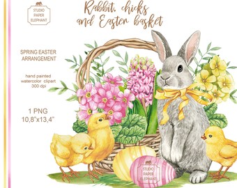 Watercolor Easter Clipart: Rabbit, Chicks, Flowers (PNG, Instant Download)