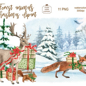 Animaux forestiers clipart de Noël, Renard, Lièvre, Cerf, Écureuil, Forêt d’hiver, Clipart de Noël, téléchargement instantané, PNG.