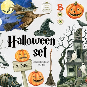 Clipart Halloween aquarelle, sorcière sur manche à balai, maison hantée, citrouilles, chapeau, manche à balai, bottes de sorcière, corbeaux, chauves-souris, téléchargement immédiat.
