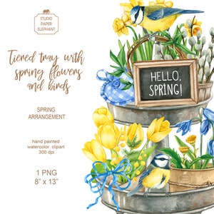 Plateau à plusieurs niveaux avec fleurs de printemps et oiseaux, Arrangement de printemps aquarelle rustique, printemps Clipart, printemps Wall Art, PNG, téléchargement immédiat.