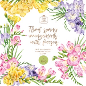 Op de afbeelding: Negen aquarel illustraties van freesia bloemen in verschillende kleuren, waaronder geel, roze, paars en wit. De bloemen zijn gerangschikt in boeketten en worden omringd door groene bladeren. De tekst "Floral spring arrangements with freesias" is geschreven in bruin cursief schrift. De tekst "100% hand painted watercolor clipart 300 dpi 9 PNG" is ook inbegrepen.