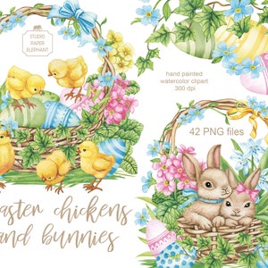 Imágenes prediseñadas de pollos y conejitos de Pascua en acuarela, imágenes prediseñadas de Pascua, conejito de Pascua, pollo de Pascua, huevos de Pascua, canasta de Pascua, flores de primavera.