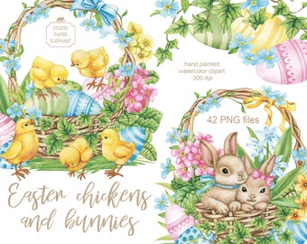 Watercolor Easter Clipart: Bunnies, Chickens, Eggs, Flowers (PNG Digital Download)