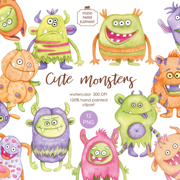 Watercolor cute monsters clipart, Monsters Halloween, Sublimation cute monsters, Halloween clipart, PNG