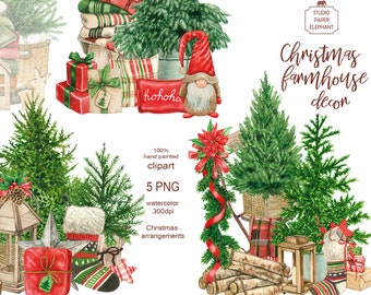 Watercolor Christmas Clipart: Farmhouse Decor PNG (Digital Download)