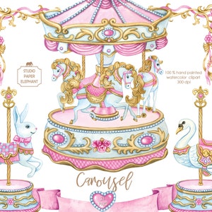 Carrossel Aquarela com Cavalos Coelho e Cisne Clipart Carrossel Infantil Clipart Carrossel Clipart para Meninas Carrossel Cartão de Aniversário PNG