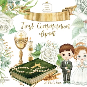 Erstkommunion Clipart, Aquarell Clipart Erstkommunion für Mädchen, Clipart Erstkommunion für Jungen, Bibel, Rosenkranz, Kreuz, Taube, PNG.