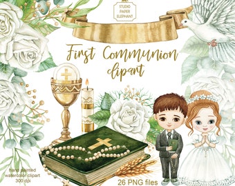 Watercolor First Communion Clipart: Bible, Rosary, Cross (PNG)