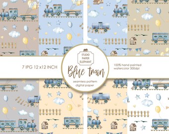 Blue Train Seamless Pattern Digital Paper (12x12 Inch)