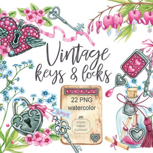 Watercolor Valentine's Day clipart, Vintage Keys clipart, Vintage locks, Forget-me-not flowers, Heart, instant  download, PNG.