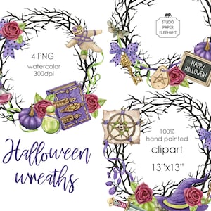 Couronnes de sorcières d'Halloween à l'aquarelle avec des objets magiques Clipart d'Halloween Invitation d'Halloween, PNG