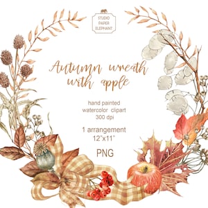Clipart de guirlanda de outono em aquarela, folhas de outono, coroa de clipart de folhas e frutas secas de outono, decoração de outono, PNG, download instantâneo.
