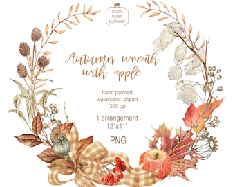 Watercolor Autumn Wreath Clipart: Fall Leaves & Fruits (PNG, Instant Download)