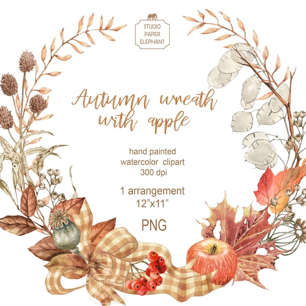 Watercolor autumn wreath clipart, Autumn leaves, Autumn dry leaves and fruits clipart wreath, Autumn decor, PNG, instant download.