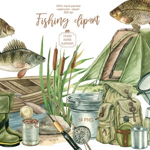 May include: Watercolor clipart set of fishing equipment, including a fishing rod, tackle box, fishing net, a can of worms, a bucket, a tent, a backpack, a canteen, a thermos, and two fish. The set includes 34 PNG files.