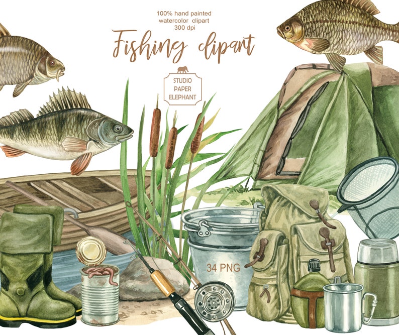May include: Watercolor clipart set of fishing equipment, including a fishing rod, tackle box, fishing net, a can of worms, a bucket, a tent, a backpack, a canteen, a thermos, and two fish. The set includes 34 PNG files.