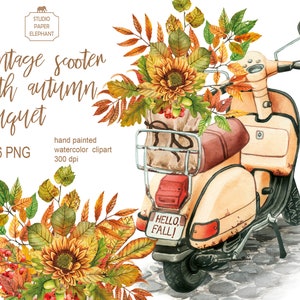 Retro Scooter with Autumn Bouquet, Watercolor Retro Scooter, Autumn Clipart, Hand painted, Autumn Bouquet, PNG, instant download.
