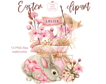 Watercolor Easter clipart, Easter bunny clipart, Easter eggs, Easter basket, Cute bunny, Spring flowers, instant digital download, PNG.